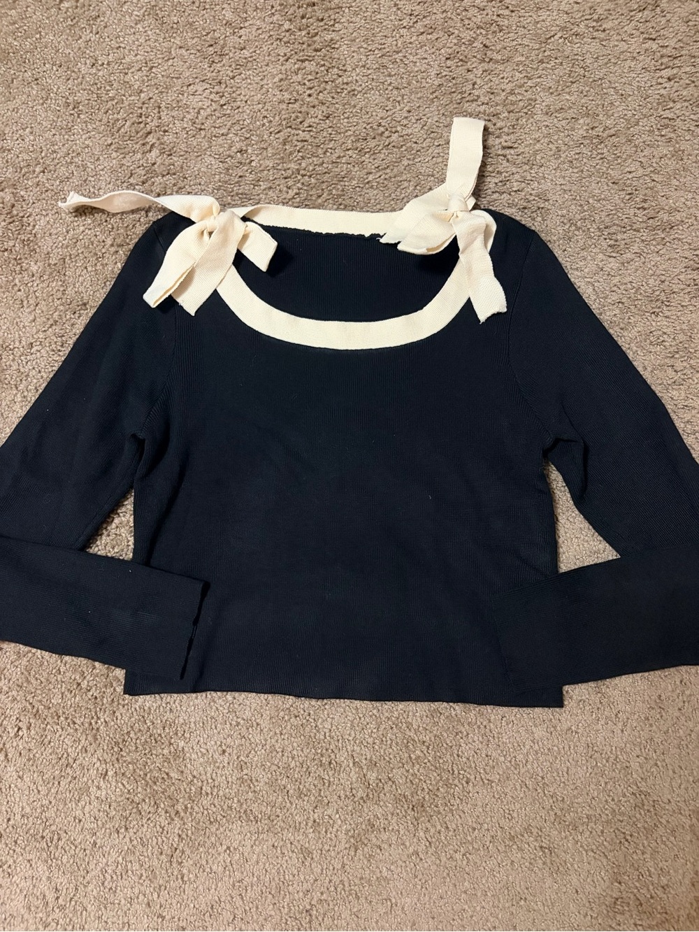 SHEIN Black Off-Shoulder Knit Sweater with Cream Bow Straps